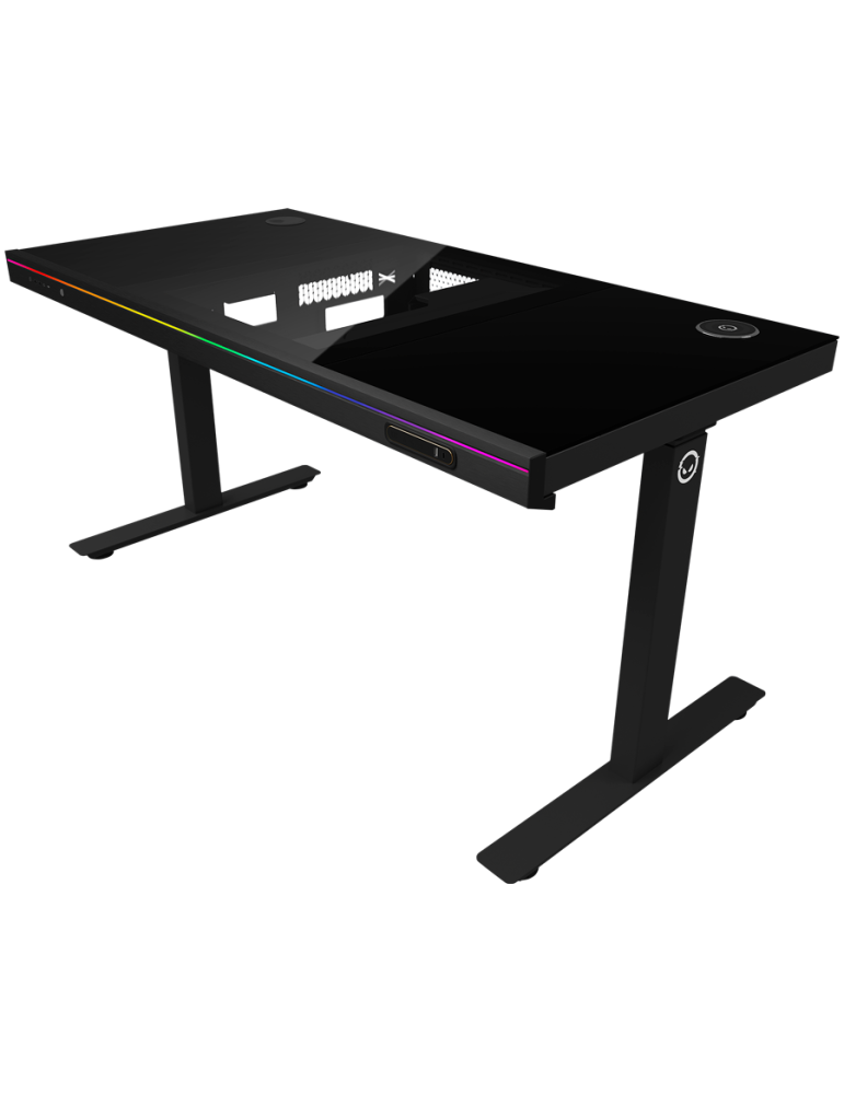 Геймърско бюро LORGAR Elite 90, 116cm, двигателен подходящ височина, вградена PC кутия, безжично зареждане, RGB подсветка, закал