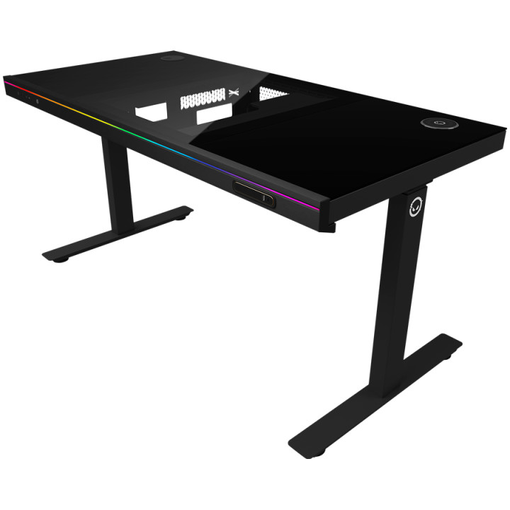 Геймърско бюро LORGAR Elite 90, 116cm, двигателен подходящ височина, вградена PC кутия, безжично зареждане, RGB подсветка, закал