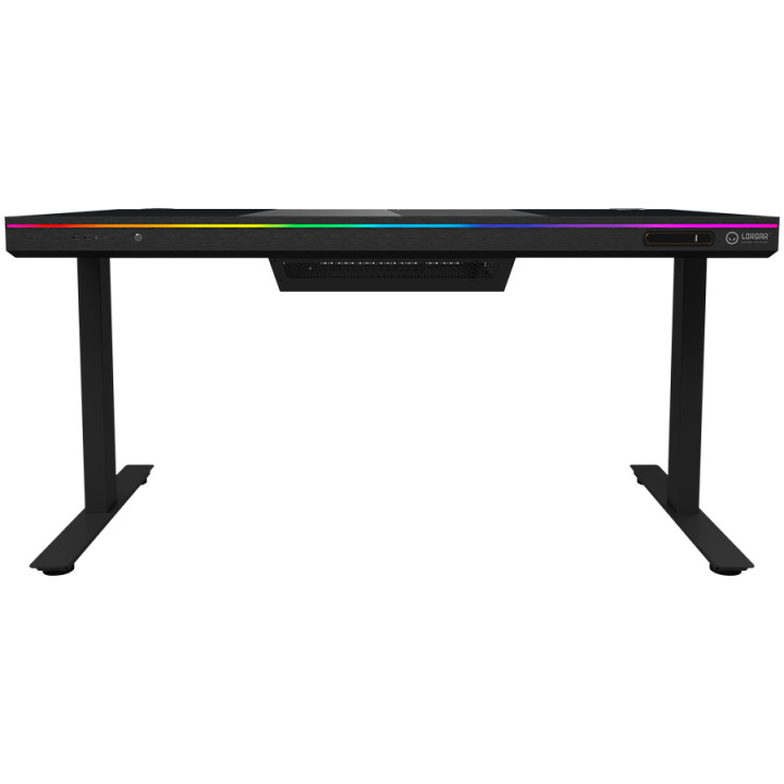 Геймърско бюро LORGAR Elite 90, 116cm, двигателен подходящ височина, вградена PC кутия, безжично зареждане, RGB подсветка, закал