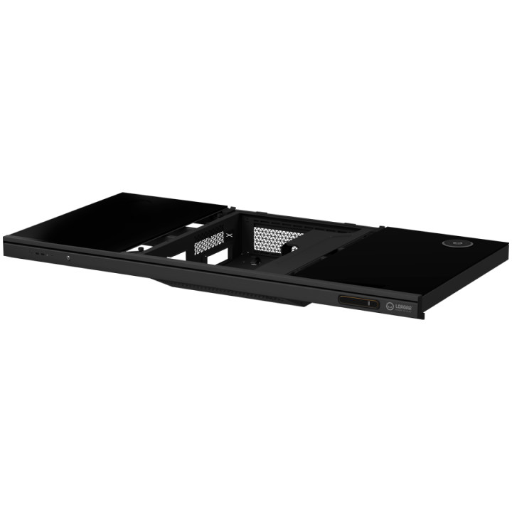 Геймърско бюро LORGAR Elite 90, 116cm, двигателен подходящ височина, вградена PC кутия, безжично зареждане, RGB подсветка, закал