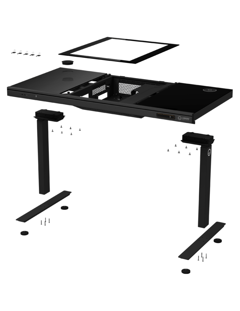 Геймърско бюро LORGAR Elite 90, 116cm, двигателен подходящ височина, вградена PC кутия, безжично зареждане, RGB подсветка, закал