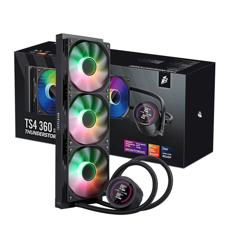 Водно охлаждане за процесор 1stPlayer Thunderstorm TS4 360, 360mm 3x120mm, медна глава, 300W, aRGB Digital Display - TS4-360-BK 