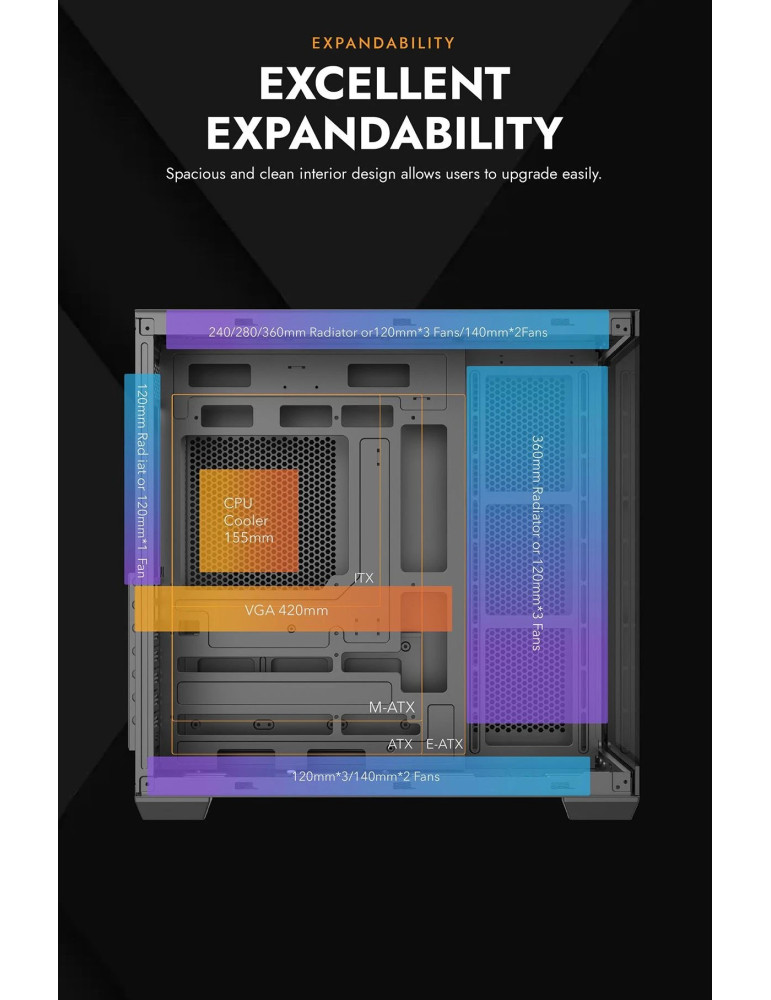 Кутия за компютър Darkflash C280 Black, Middle Tower EATX, Tempered Glass, 7x ARGB вентилатори - C280-7F-BLACK - 9