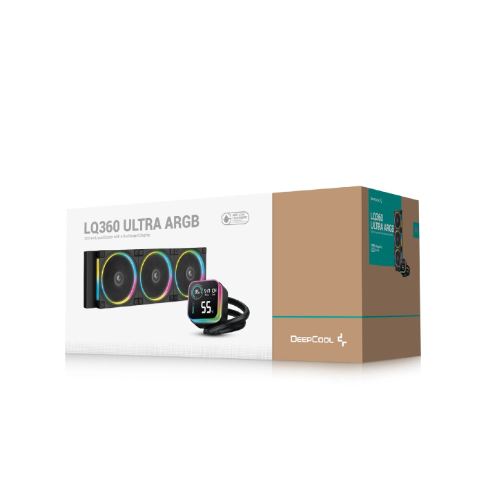 Водно охлаждане за процесор DeepCool LQ360 ULTRA ARGB, 360mm радиатор, LCD екран, 3x120mm вентилатора, ARGB подсветка, Intel LGA
