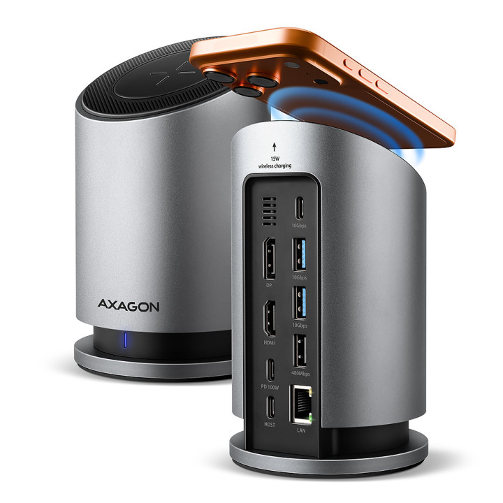 Докинг станция AXAGON MC-WL9, USB-C 10Gbps Wireless Charging 9in1 - 8595247908735 - 1