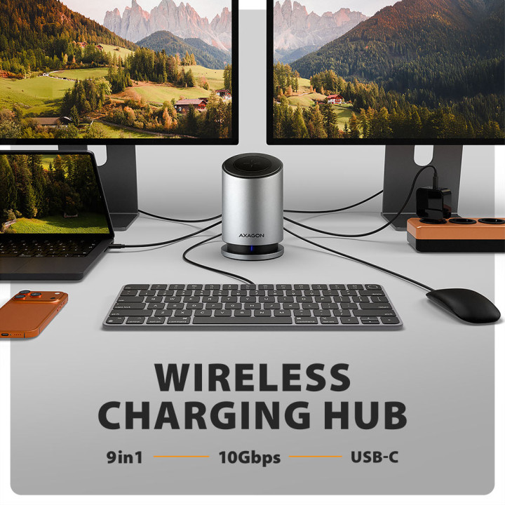 Докинг станция AXAGON MC-WL9, USB-C 10Gbps Wireless Charging 9in1 - 8595247908735 - 2