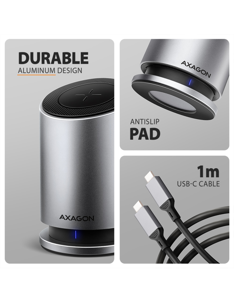 Докинг станция AXAGON MC-WL9, USB-C 10Gbps Wireless Charging 9in1 - 8595247908735 - 3