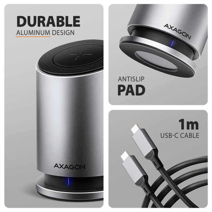 Докинг станция AXAGON MC-WL9, USB-C 10Gbps Wireless Charging 9in1 - 8595247908735 - 3