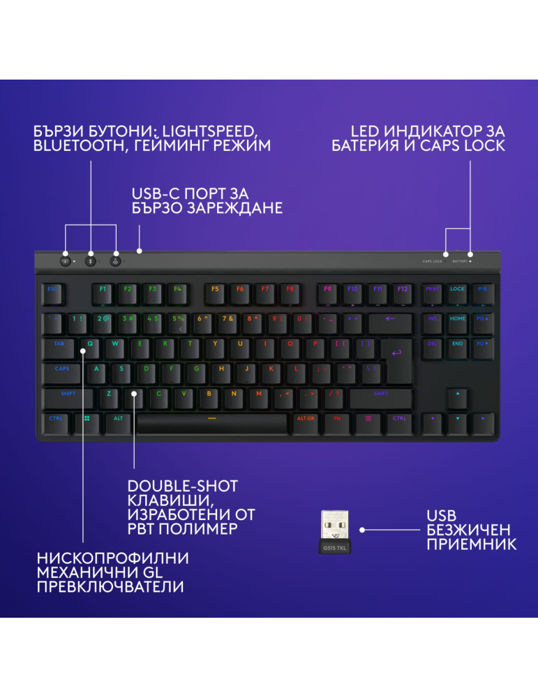 Bluetooth механична клавиатура Logitech G515 Lightspeed TKL, Безжична, 2.4GHz/BT, RGB подсветка, Механична - 920-014074 - 2