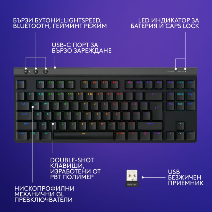 Bluetooth механична клавиатура Logitech G515 Lightspeed TKL, Безжична, 2.4GHz/BT, RGB подсветка, Механична - 920-014074 - 2