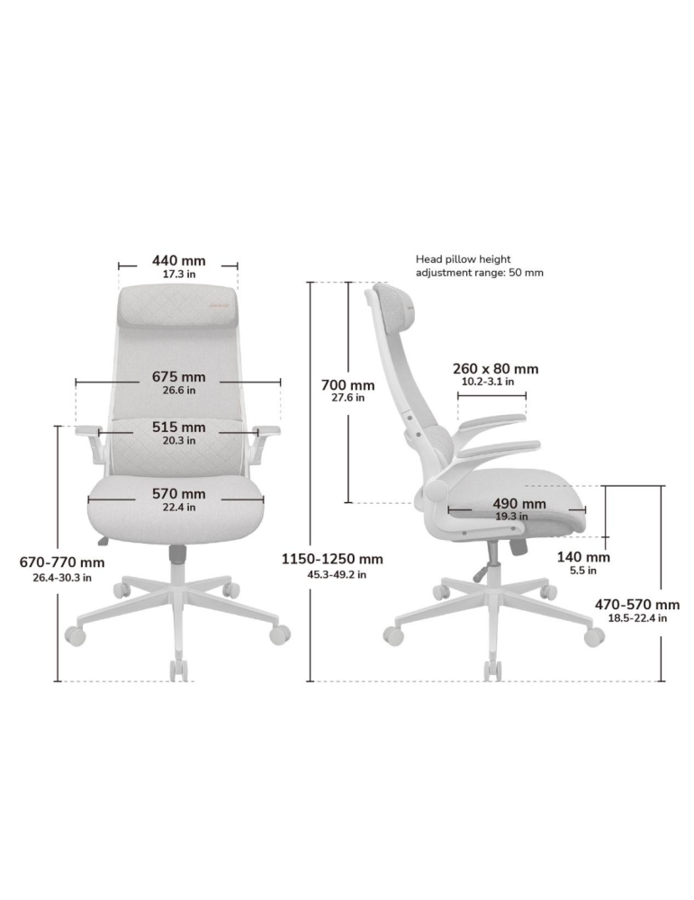 Геймърски стол COUGAR Stryder White, тъканина, регулируема височина 470-570mm, поддържа до 120kg - CGR-STD-ASW - 8