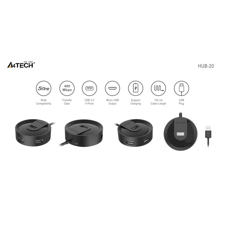 USB хъб A4tech HUB-20, 4 портов, USB 2.0, 480 Mbit/s, Черен