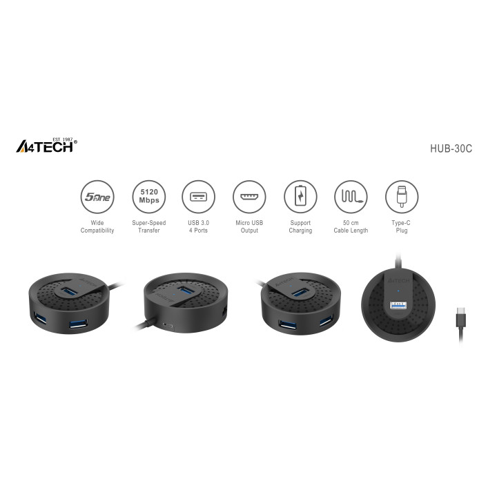 USB хъб A4tech HUB-30C, 4 портов, USB 3.0, 5120 Mbit/s, Черен