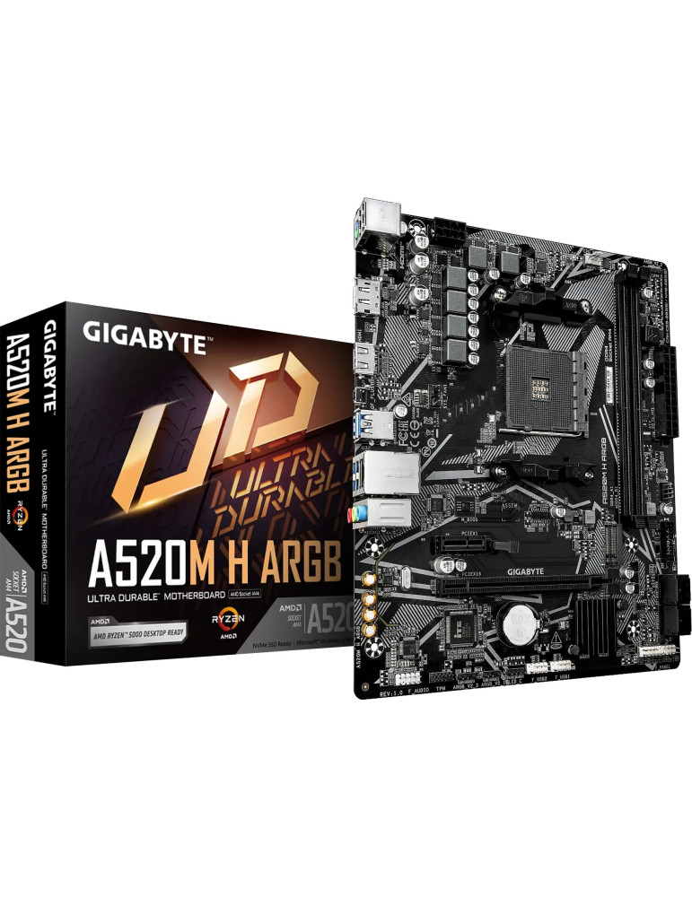 Дънна платка GIGABYTE A520M H aRGB, AM4, AMD A520, DDR4 64GB, 4x SATA3, 1x M.2 PCIe/SATA