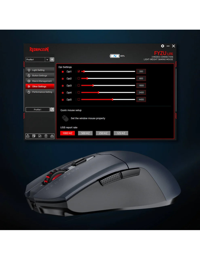 Безжична геймърска мишка Redragon Fyzu Lite M995GB-LIT, USB донгъл, до 10000 DPI, 7 бутона, презареждаема - M995GB-LIT - 6