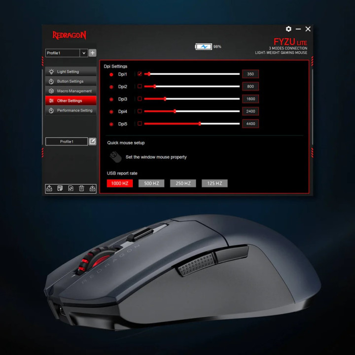 Безжична геймърска мишка Redragon Fyzu Lite M995GB-LIT, USB донгъл, до 10000 DPI, 7 бутона, презареждаема - M995GB-LIT - 6