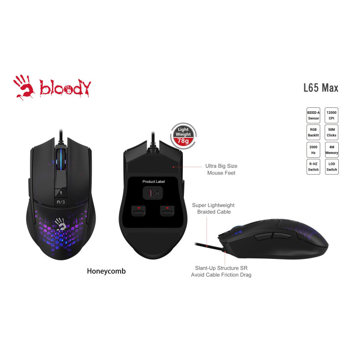 Геймърска мишка A4tech Bloody L65 Max, Жична, 12000 cpi, Honeycomb, Черен
