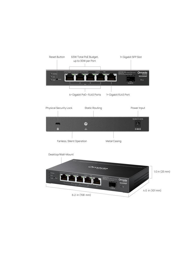 Мрежов комутатор TP-Link Omada SG2206MP, 6 портов гигабитов, 4× PoE+ портове - 5