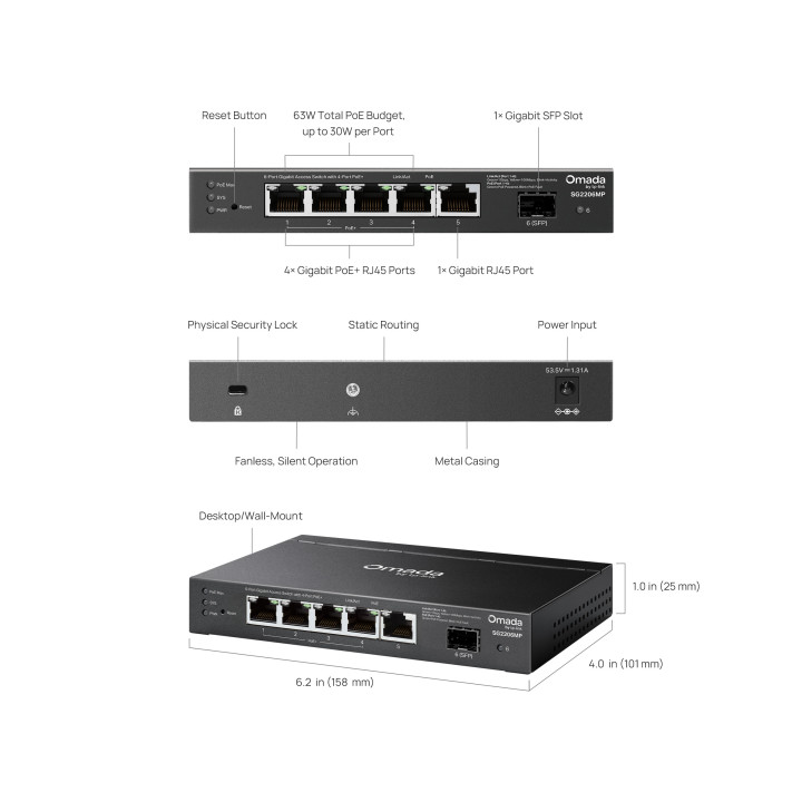 Мрежов комутатор TP-Link Omada SG2206MP, 6 портов гигабитов, 4× PoE+ портове - 5