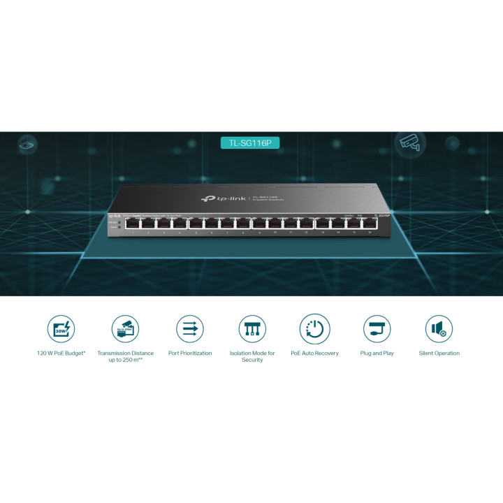 Мрежов комутатор TP-Link TL-SG116P, 16-портов Gigabit PoE+ - 4