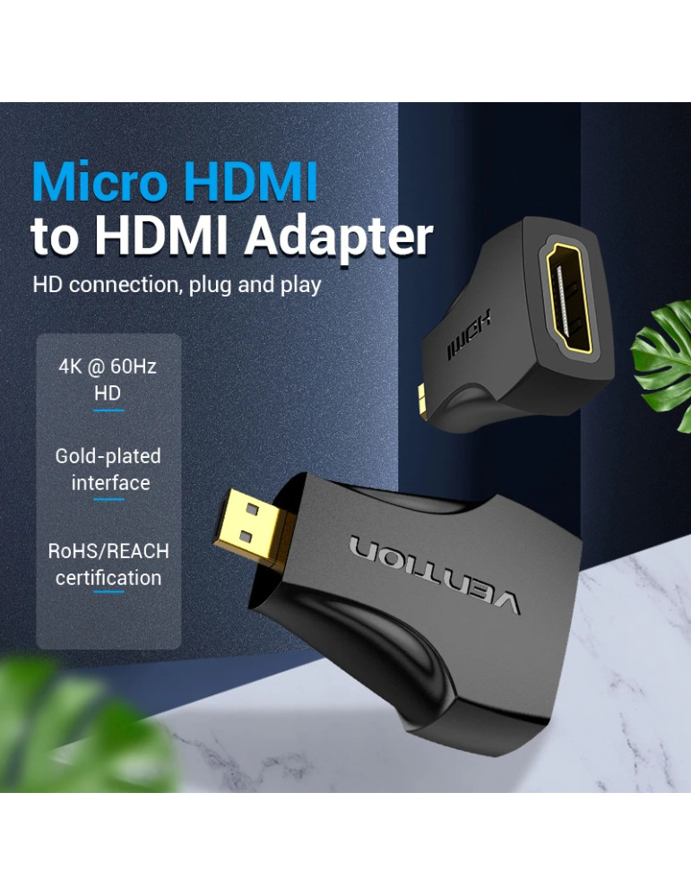Преходник Vention Micro HDMI (type D) мъжски към HDMI женски, черен, екраниран, позлатени конектори, 4K 2160p @ 60Hz - AITB0 - 2