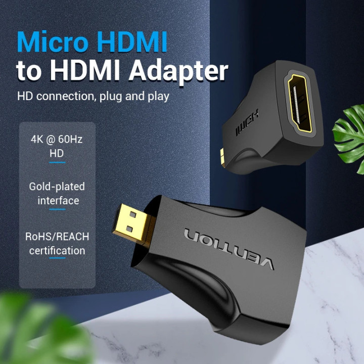 Преходник Vention Micro HDMI (type D) мъжски към HDMI женски, черен, екраниран, позлатени конектори, 4K 2160p @ 60Hz - AITB0 - 2