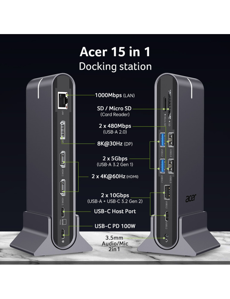 Докинг станция Acer Type-C Universal 15in1, 2x HDMI 4K@60Hz, 1x DisplayPort 8K@30Hz, 5x USB-A, 1x USB-C 100W, RJ45, SD/MicroSD, 