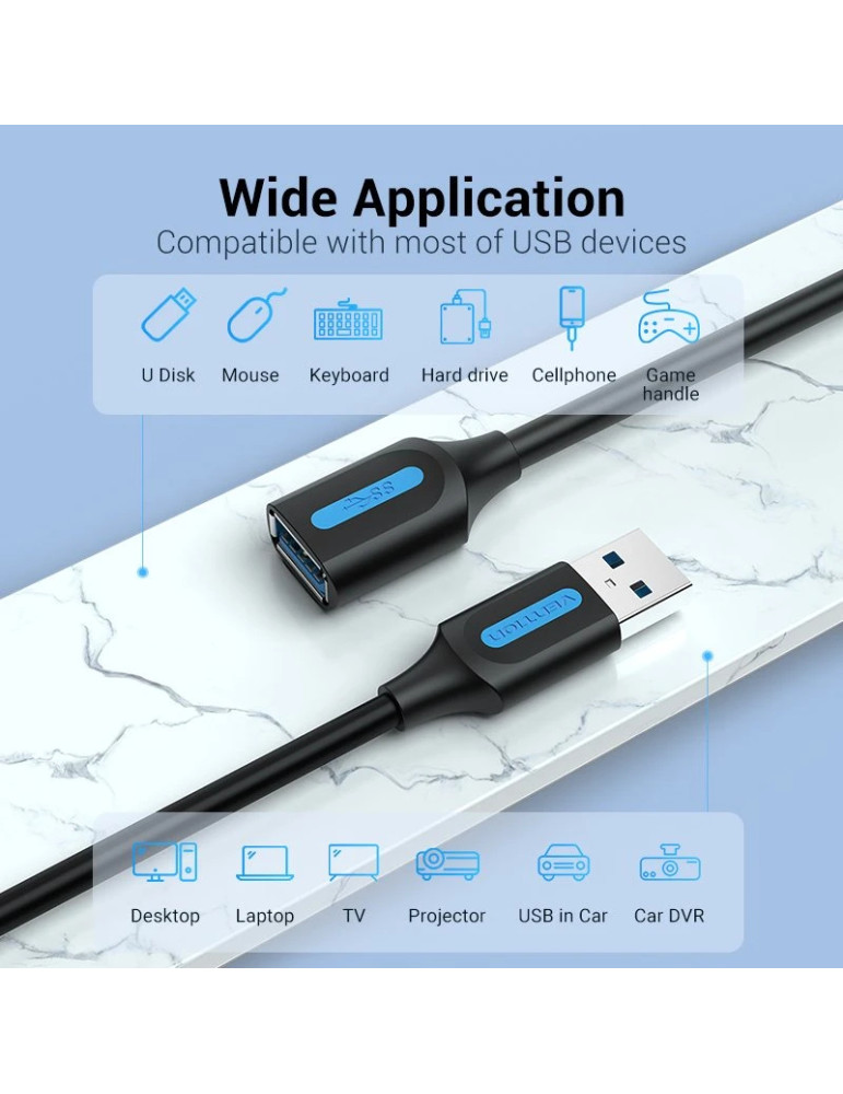 Кабел Vention USB 3.0 Type A, 0.5m, Екраниран, 5Gb/s, Черен - CBHBD - 3