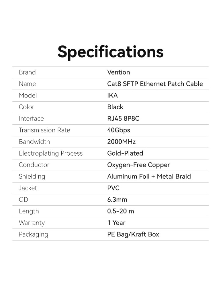 Кабел Vention LAN SFTP Cat.8, 5м, 40Gbps, Екраниран, Позлатени конектори - IKABJ - 13
