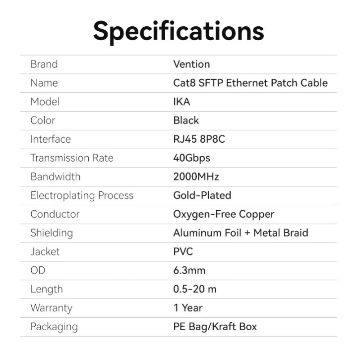 Кабел Vention LAN SFTP Cat.8, 5м, 40Gbps, Екраниран, Позлатени конектори - IKABJ - 13