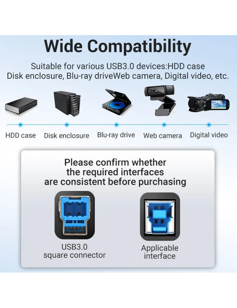 Кабел Vention, USB 3.0 Type A (M) / USB 3.0 Type B (M), 0.5m, Черен, Екраниран, 5Gb/s - COOBD - 5