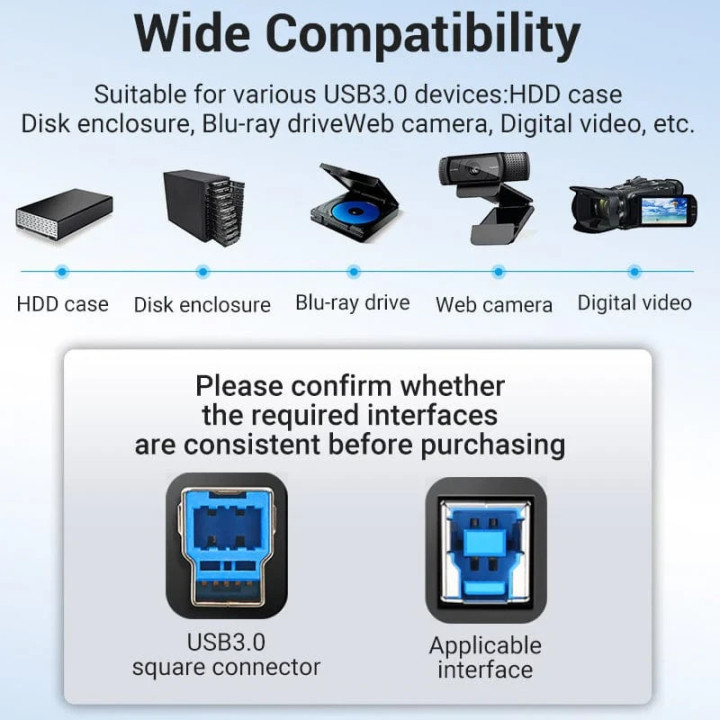 Кабел Vention, USB 3.0 Type A (M) / USB 3.0 Type B (M), 0.5m, Черен, Екраниран, 5Gb/s - COOBD - 5