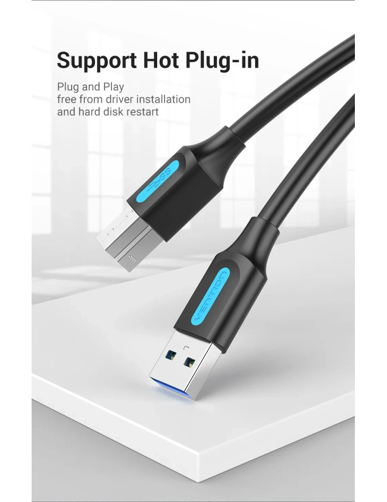 Кабел Vention, USB 3.0 Type A (M) / USB 3.0 Type B (M), 0.5m, Черен, Екраниран, 5Gb/s - COOBD - 7