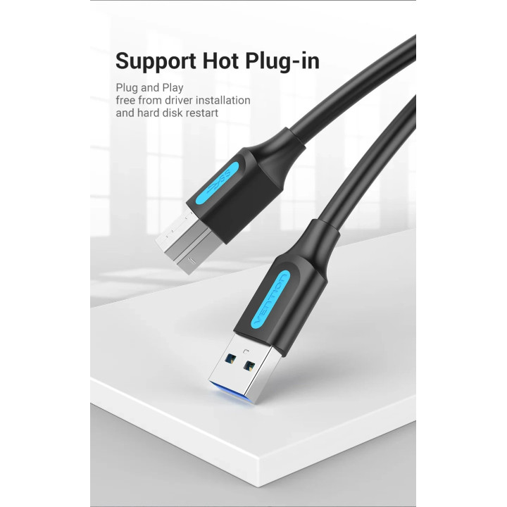 Кабел Vention, USB 3.0 Type A (M) / USB 3.0 Type B (M), 0.5m, Черен, Екраниран, 5Gb/s - COOBD - 7