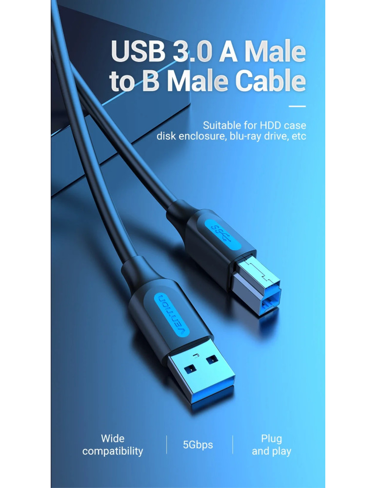 Кабел Vention, USB 3.0 Type A (M) / USB 3.0 Type B (M), 0.5m, Черен, Екраниран, 5Gb/s - COOBD - 9