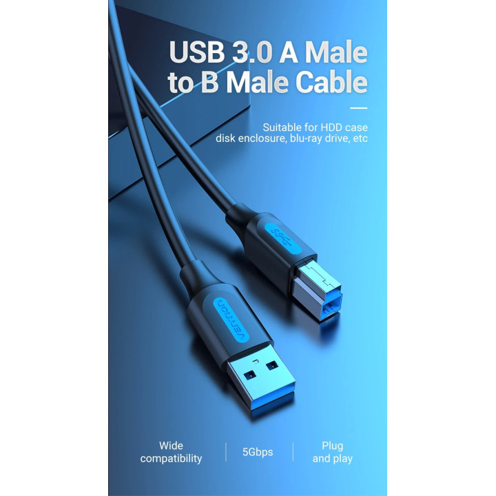 Кабел Vention, USB 3.0 Type A (M) / USB 3.0 Type B (M), 0.5m, Черен, Екраниран, 5Gb/s - COOBD - 9