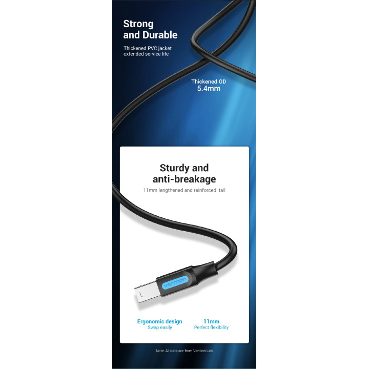 Кабел Vention, USB 3.0 Type A (M) / USB 3.0 Type B (M), 0.5m, Черен, Екраниран, 5Gb/s - COOBD - 10