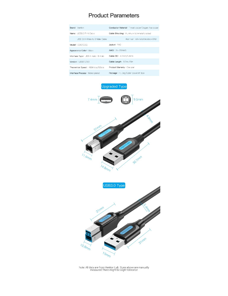 Кабел Vention, USB 3.0 Type A (M) / USB 3.0 Type B (M), 0.5m, Черен, Екраниран, 5Gb/s - COOBD - 11