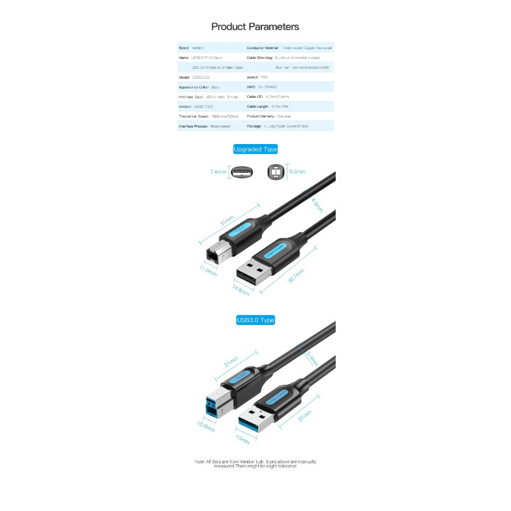 Кабел Vention, USB 3.0 Type A (M) / USB 3.0 Type B (M), 0.5m, Черен, Екраниран, 5Gb/s - COOBD - 11