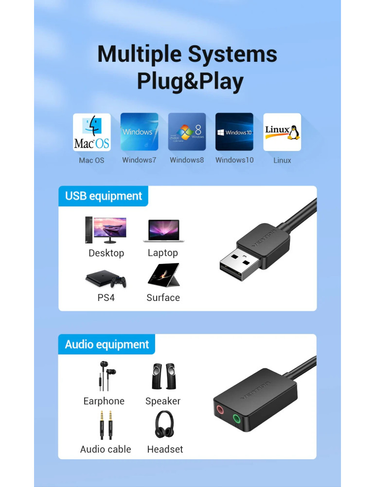 Външна звукова карта Vention CDYB0, USB 2.0, 3.5mm аудио/микрофон - CDYB0 - 8