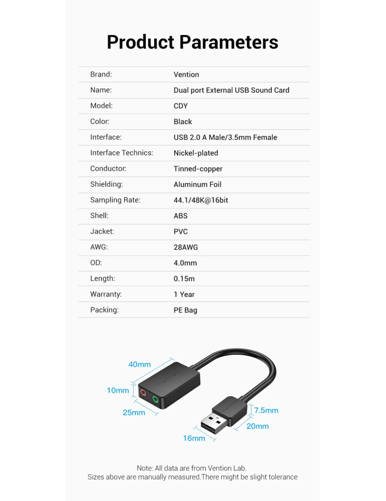 Външна звукова карта Vention CDYB0, USB 2.0, 3.5mm аудио/микрофон - CDYB0 - 13