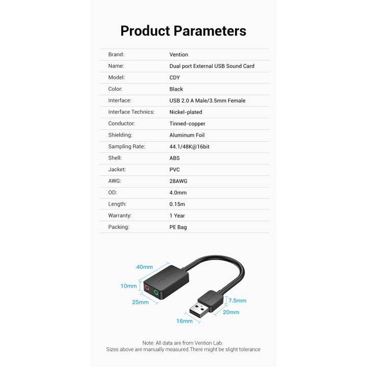 Външна звукова карта Vention CDYB0, USB 2.0, 3.5mm аудио/микрофон - CDYB0 - 13