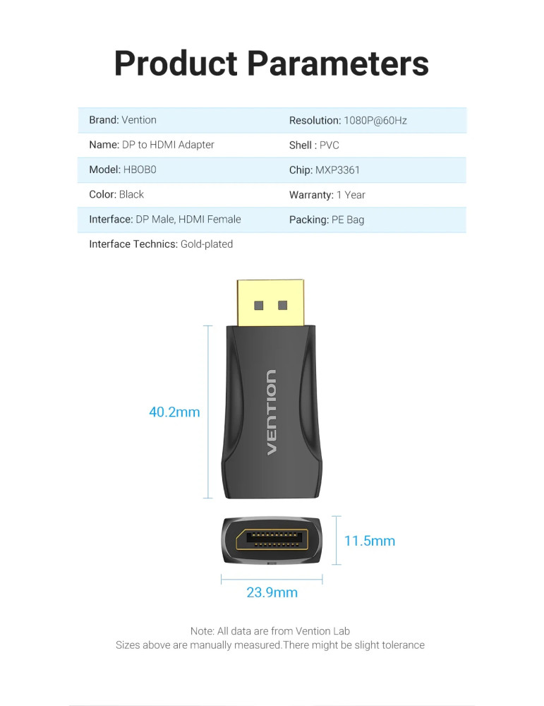 Преходник Vention, DisplayPort (M) към HDMI (F), позлатени конектори, екраниран - HBOB0 - 8