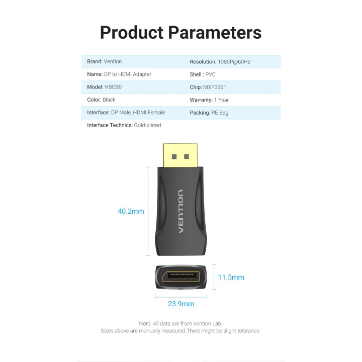 Преходник Vention, DisplayPort (M) към HDMI (F), позлатени конектори, екраниран - HBOB0 - 8