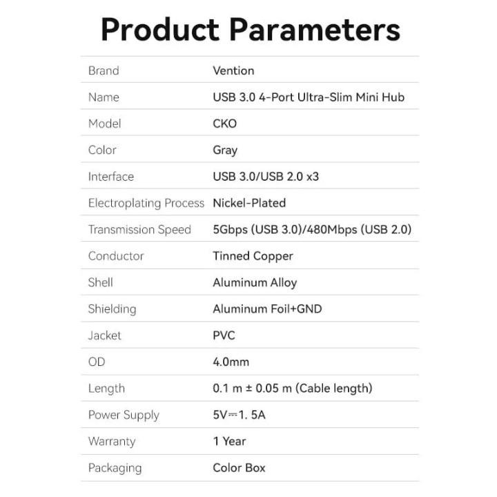 USB хъб Vention, 4 портов USB 3.0 Aluminum - CKOHB - 10