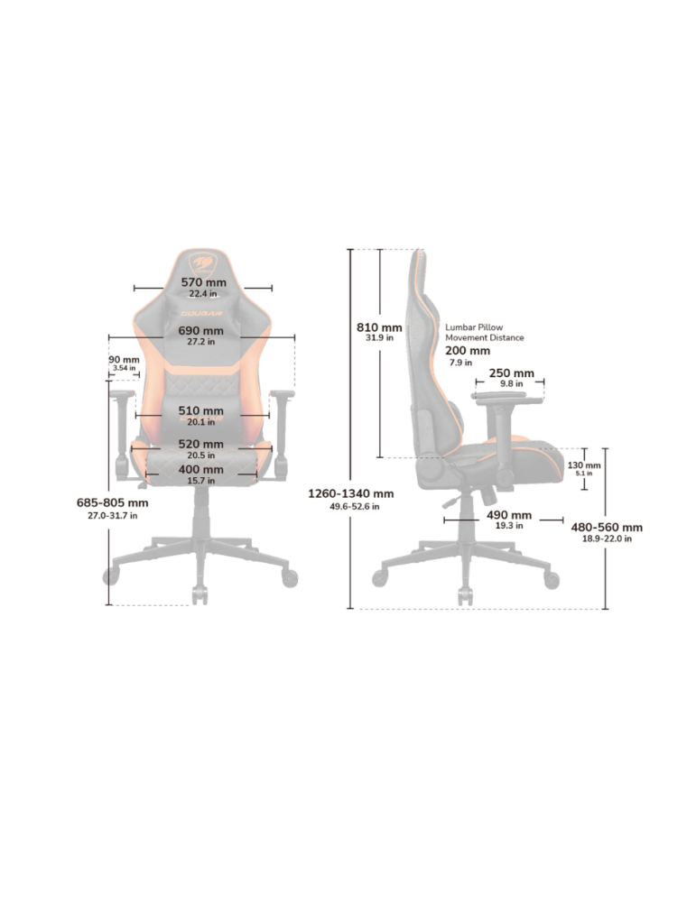 Геймърски стол COUGAR Armor One V2, Сив, Имитационен лен, Регулируема облегалка, 4D подлакътници - CGR-A2F-GRB - 8