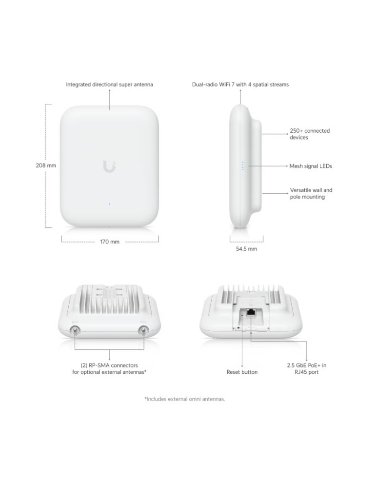 Точка за достъп Ubiquiti U7-Outdoor, 5 GHz, 2x2 MU-MIMO, 1x 1/2.5 GbE RJ45 - 3