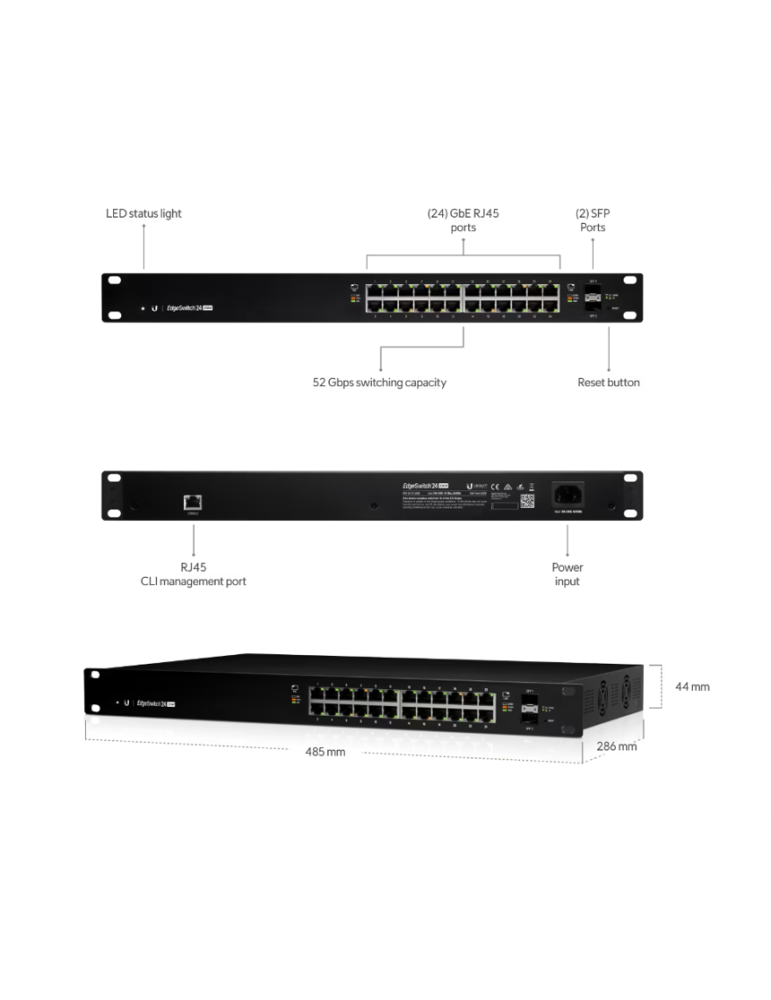 Комутатор Ubiquiti EdgeSwitch, 24-портов 10/100/1000Mbps, PoE 250W, Rackmount - ES-24-250W - 5