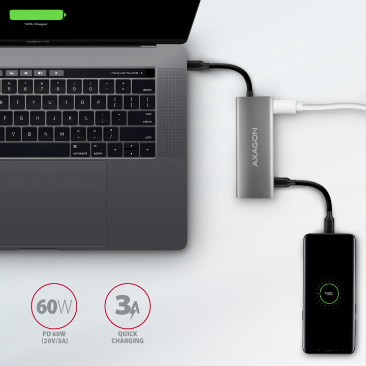 Докинг станция AXAGON HMC-5G21 SPEEDSTER 5in1, 2x USB-A 3.2 Gen 2 + 2x USB-C 3.2 Gen 2 + HDMI 4K/30Hz, PD 60W - 6