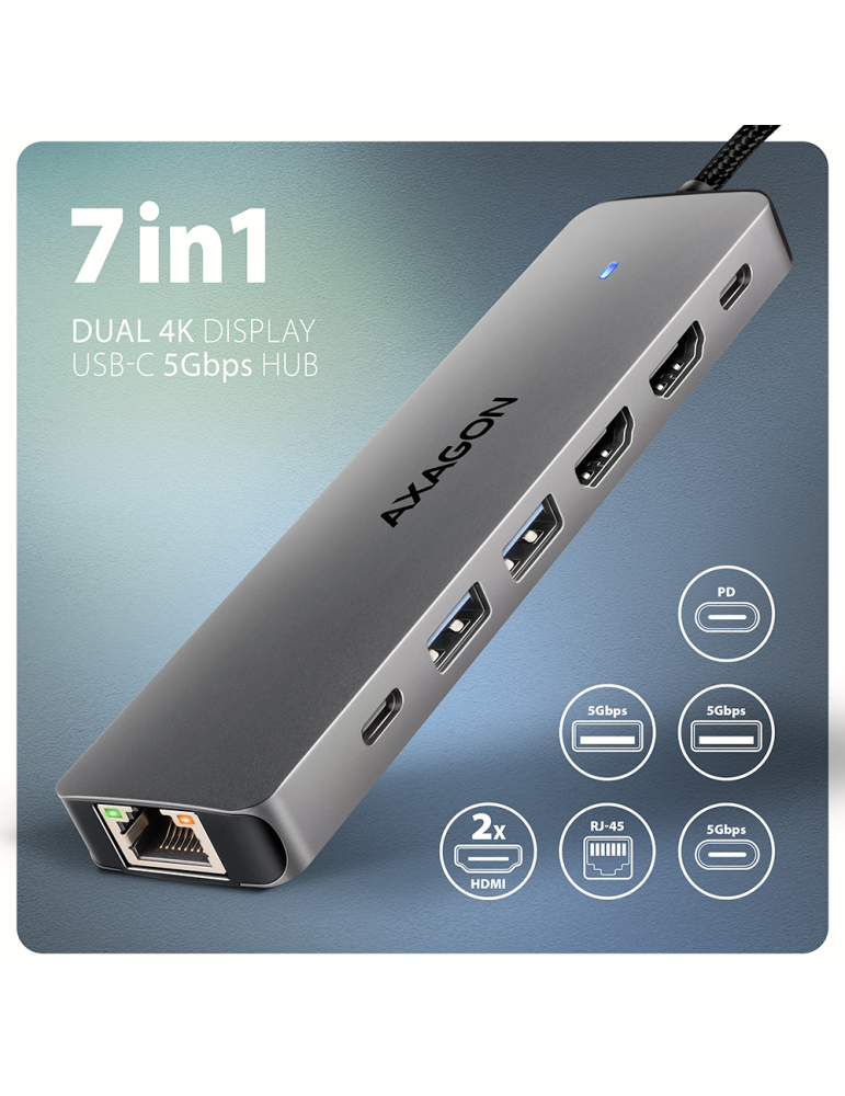 Докинг станция AXAGON HMC-7HX2, USB-C 3.2 Gen 1, 2x USB-A, 1x USB-C, 2x HDMI 4K 60Hz, Gigabit Ethernet, PD 100W - 2